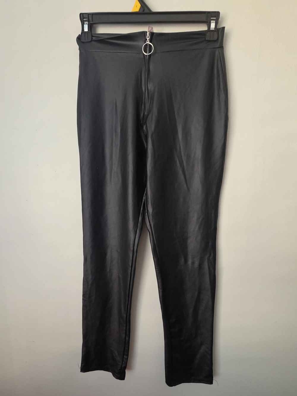 Black Faux Leather Leggings with Front Ring Zip